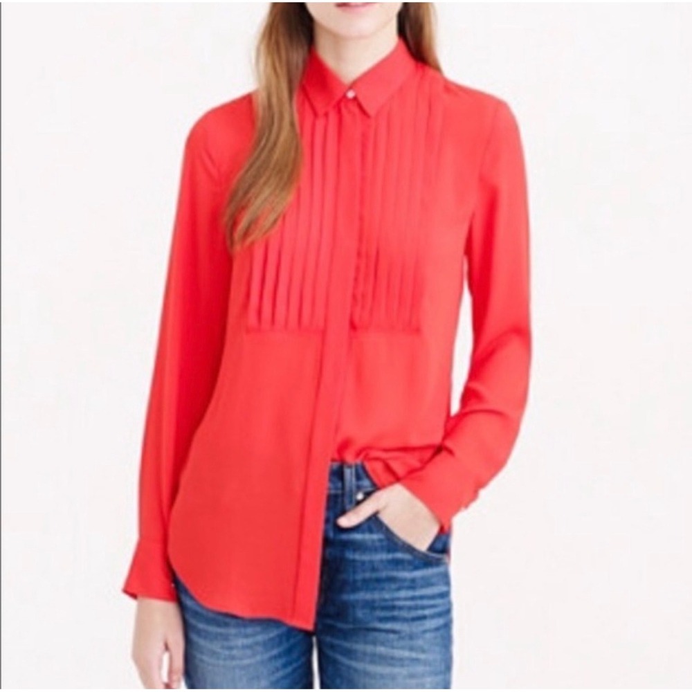 J.Crew Womens Red Pleated Tuxedo Bib Long Sleeve Button Down Blouse Size 4